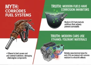 Government debunks viral E20 fuel myths. Know the facts about engine damage, mileage, water usage, insurance, and E20 petrol safety in India.