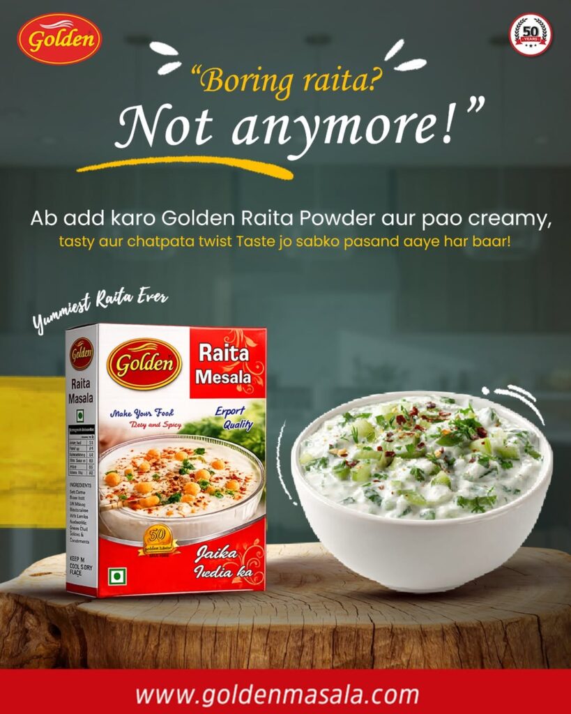 Boring raita Not anymore!Add Golden Raita Powder and turn simple curd into a creamy, tasty, and