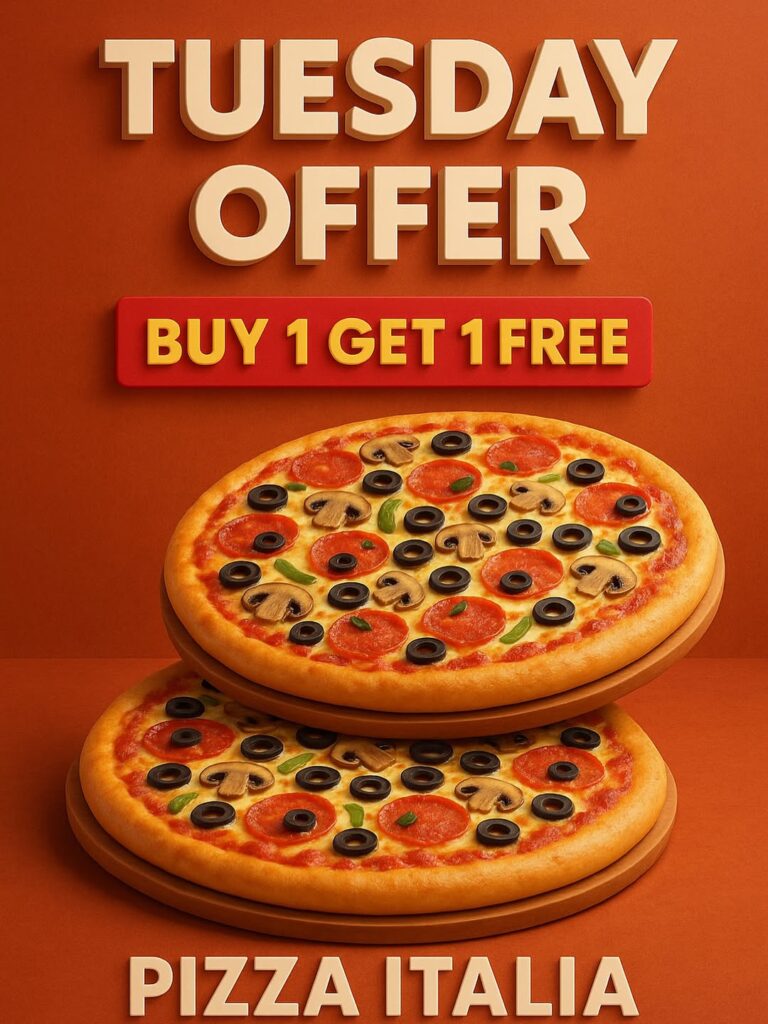 Double the Taste, Double the Fun! 🍕This Tuesday, enjoy Buy 1 Get 1 Free on all pizzas only at P